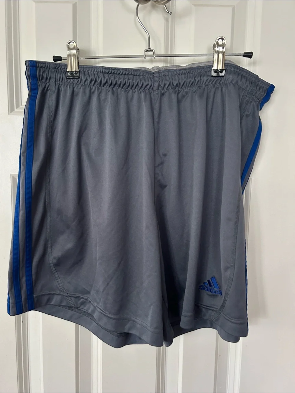 adidas Men’s Gray Athletic Shorts with Blue Side Stripes